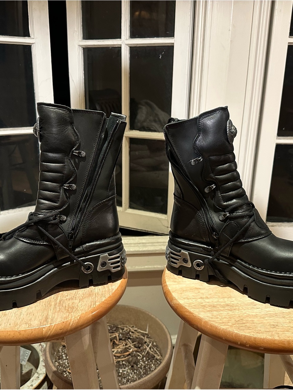 Black Platform Moto Combat Boots with Chunky Lug Sole